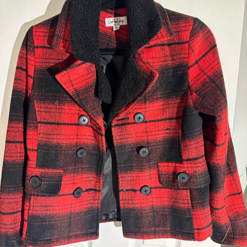 Coffee Shop Red and Black Textured Coat